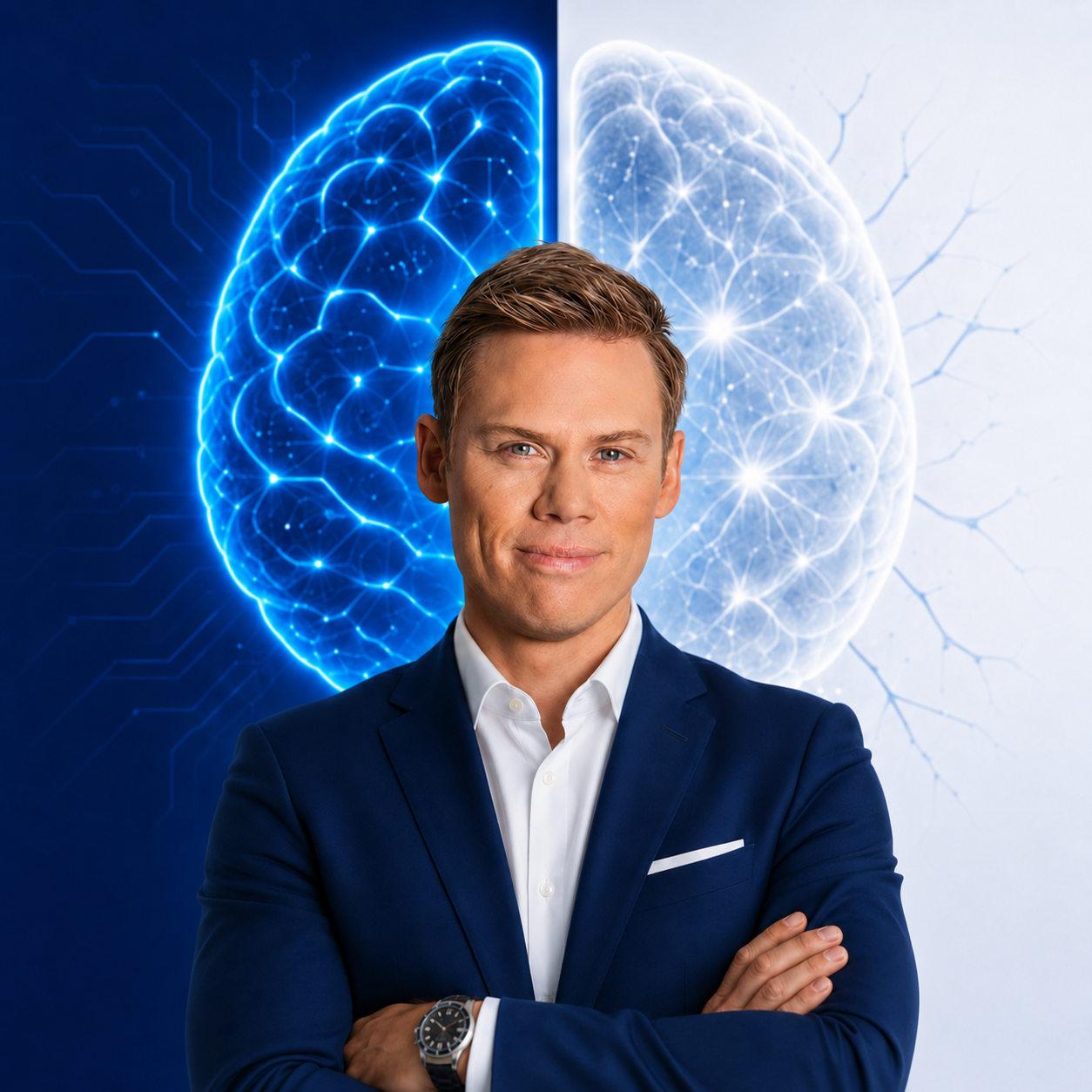 Professional leader with human and digital brain motif