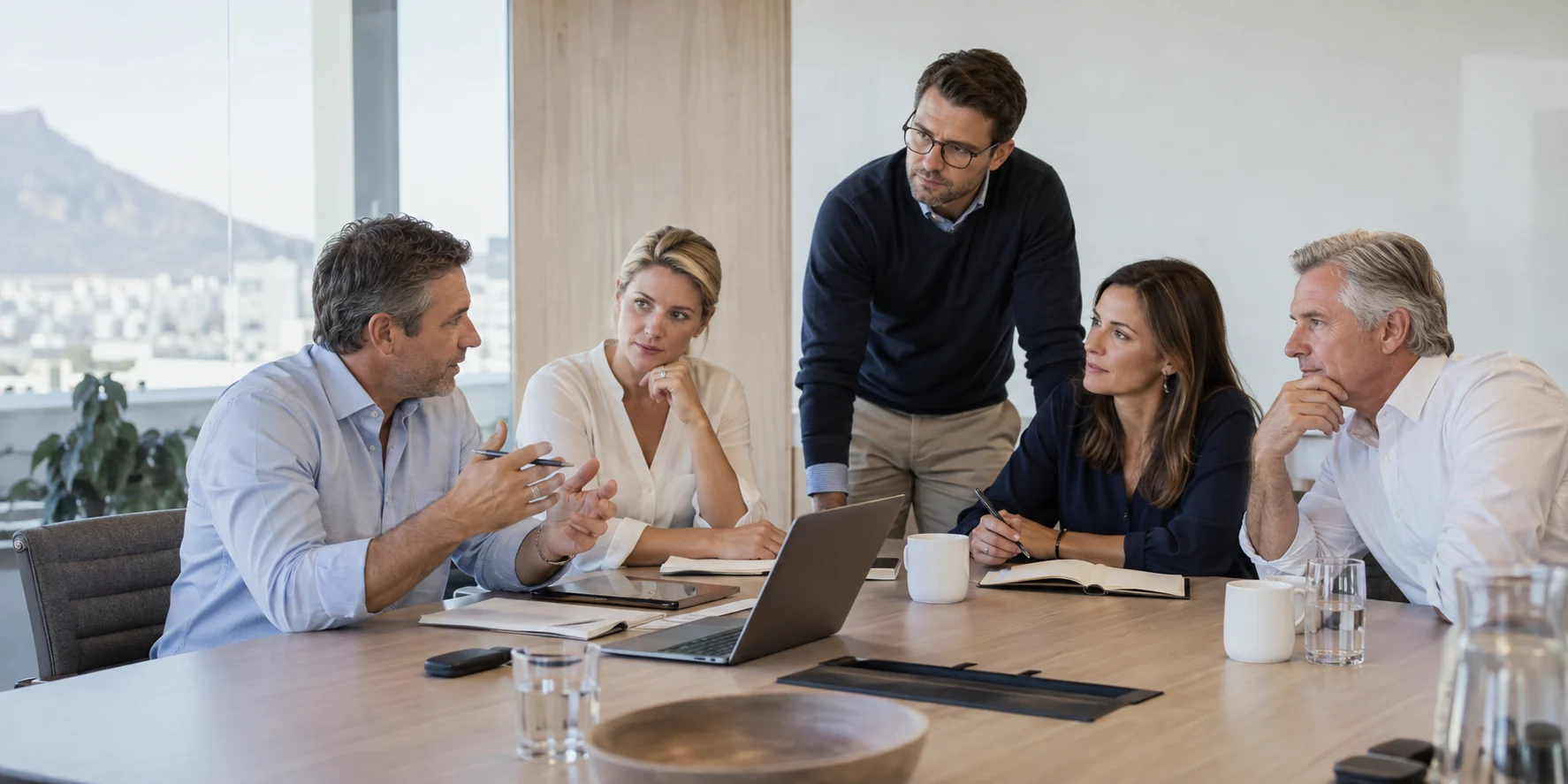 A professional team collaborating around a boardroom table